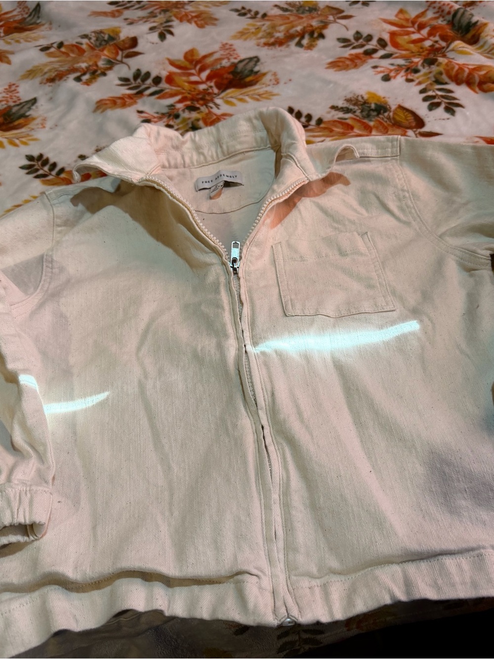 Free Assembly Cream Zip-Front Cotton Jean Jacket with Chest Pocket